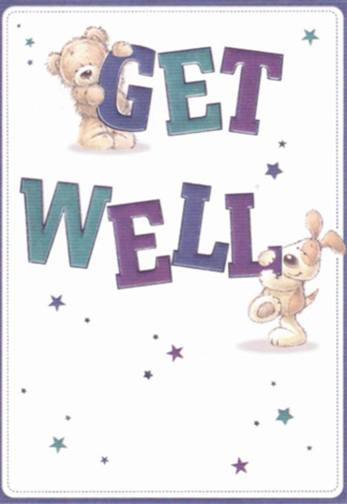 This joyful get well card captures the essence of caring support, celebrated through the whimsical pairing of a cuddly bear and an eager, floppy-eared dog. Swirls of soft blue and vivid purple stars seem to float about the friends, carrying wishes for a speedy recovery much like petals drifting across a garden breeze in Purley's green spaces. The bold, uplifting type in aquas and deep violets anchors the scene, its confident lines offering reassurance akin to the steady hands of a skilled florist arranging blooms for hospital deliveries around the Purley area. The illustration's gentle tactile quality-visible in the plush bear's fur and the velveteen touch of the puppy's ears-evokes comfort one can practically feel. If you close your eyes, you might sense the warmth and well-wishing spirit that characterizes both Purley's community and this card: hope, sincerity, and a touch of magic, ready to lift the spirits of any loved one on the mend.